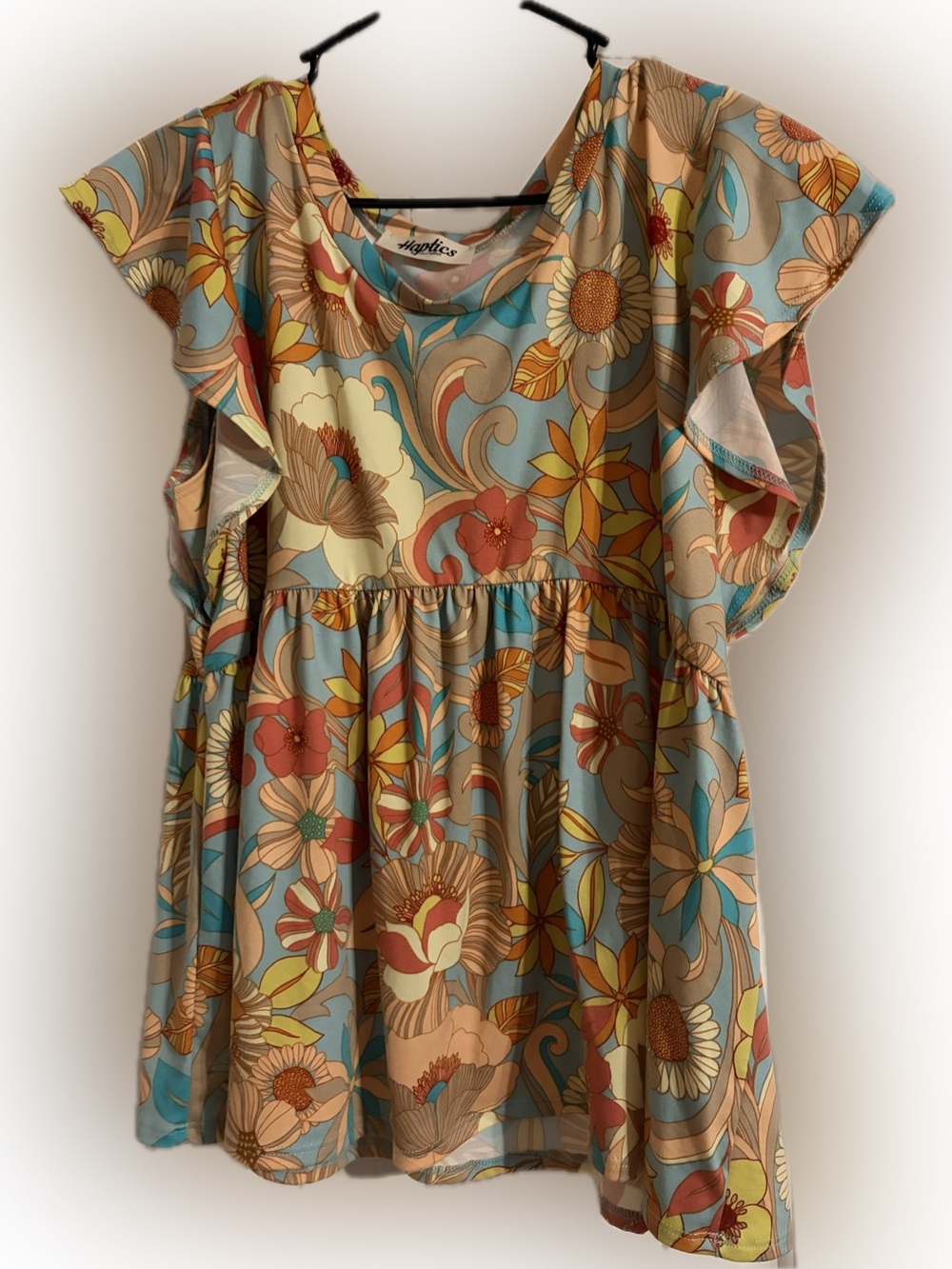 Haptics Floral Flutter-Sleeve Blouse in Teal and Coral - Size L, Like New